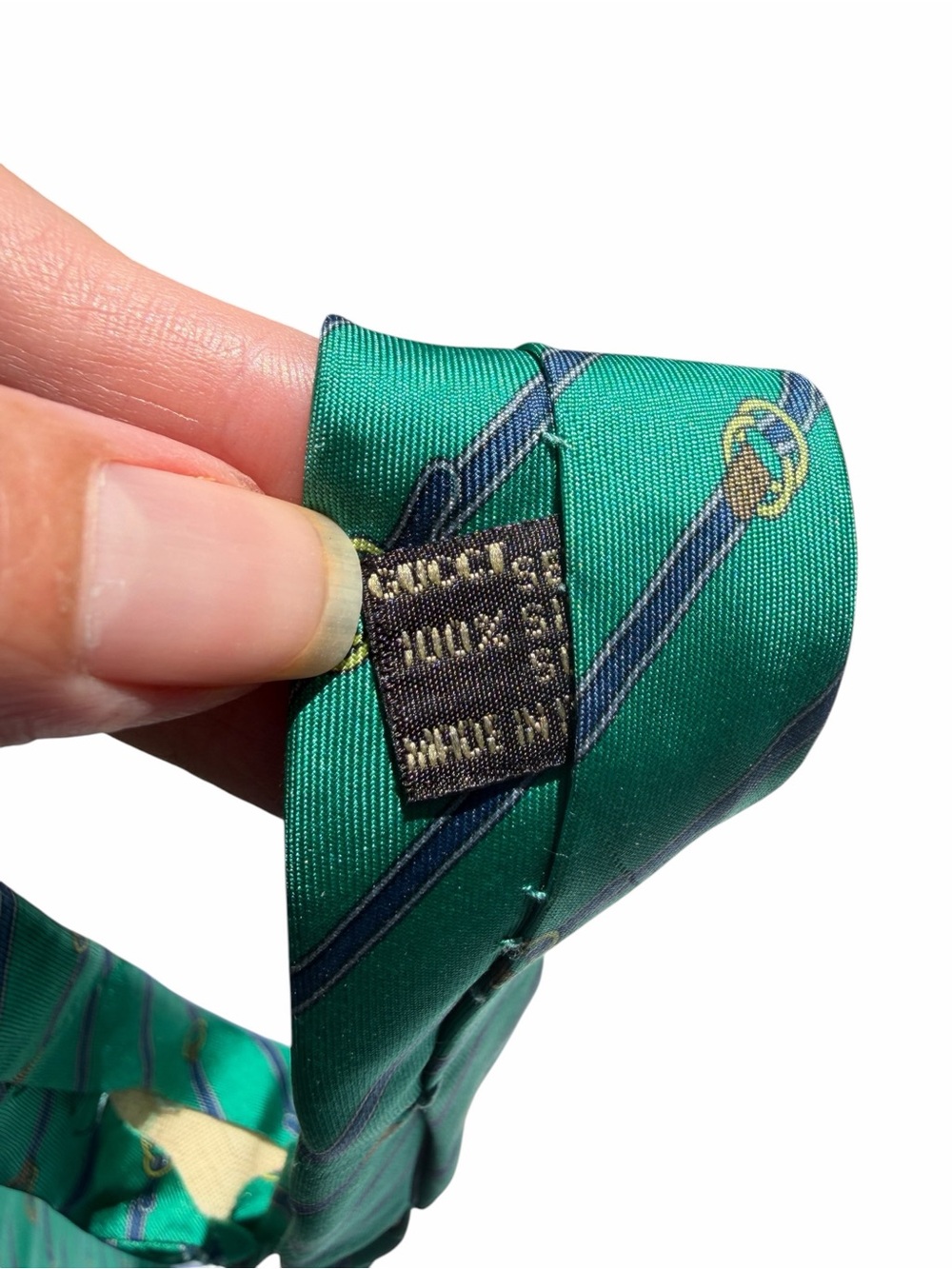 Gucci Green Tie with Navy Diagonal Stripes and Gold Motifs vintage repurpose - Picture 4 of 10